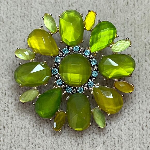 Liz Claiborne Signed Silver-tone, Green, Blue Rhinestone Flower Brooch - Picture 1 of 4